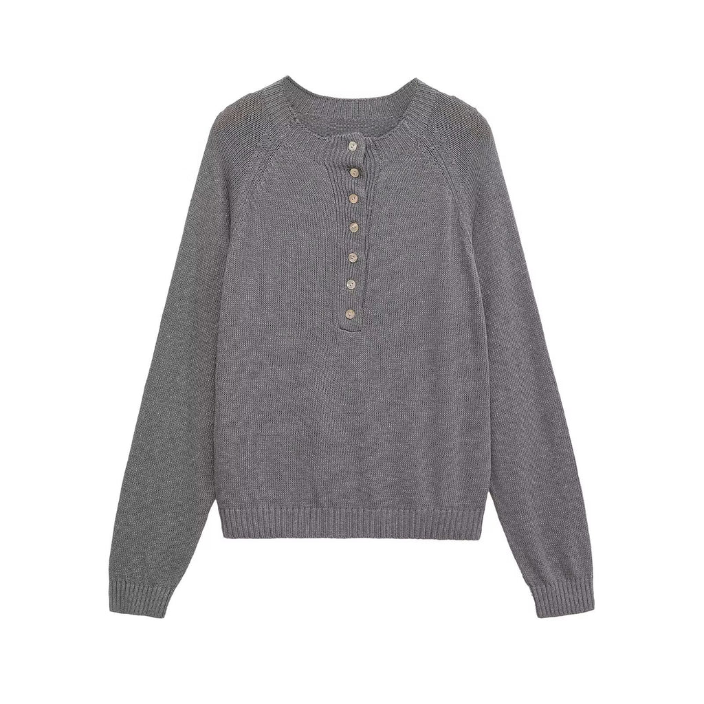 Round neck button decoration pullover knitted sweater top for women