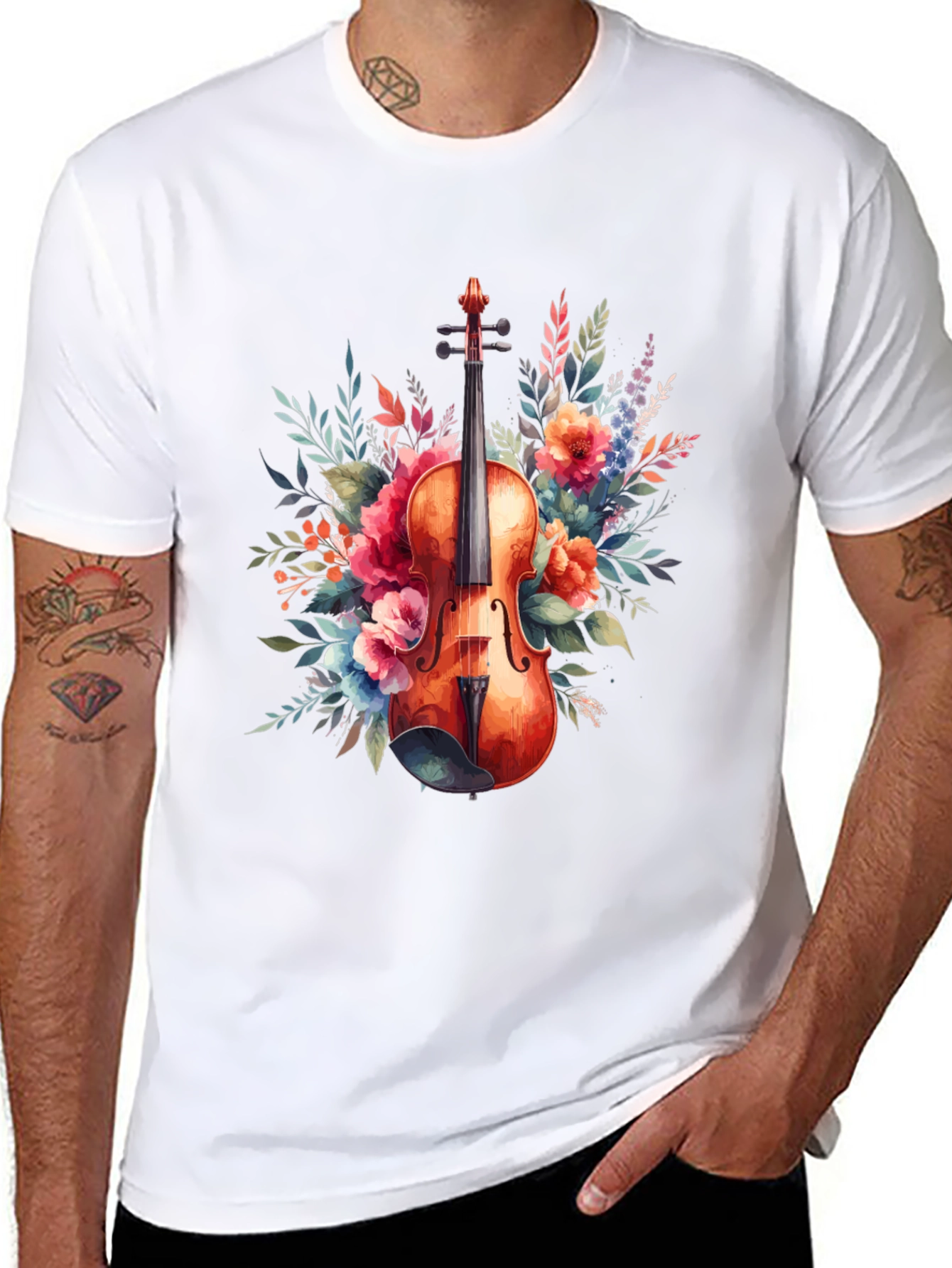 Floral Violin Graphic Tee - Music Lovers T-Shirt