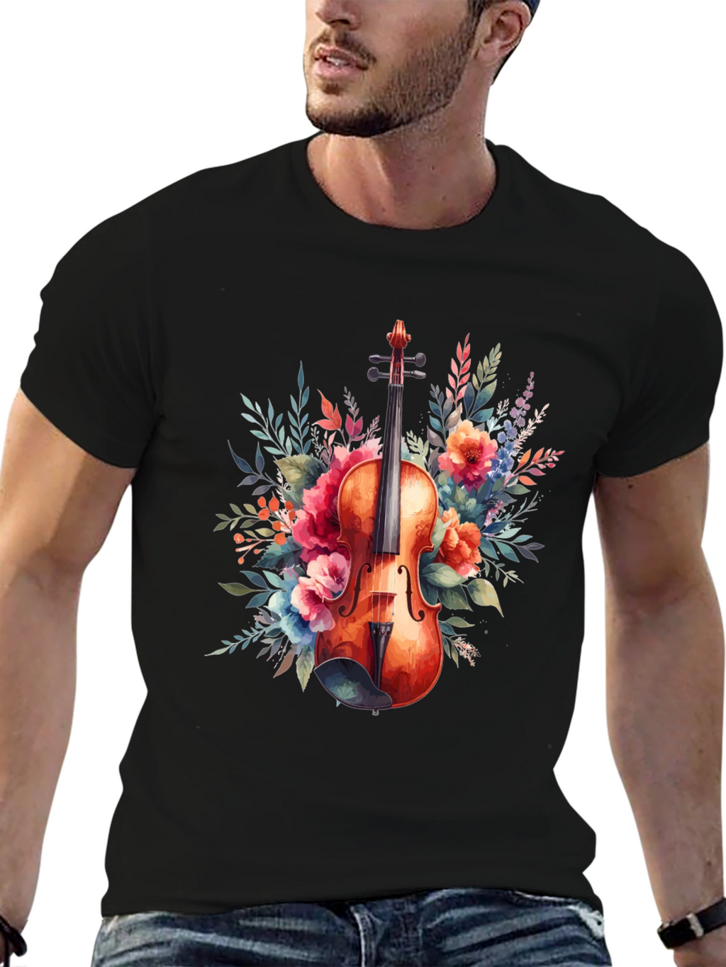 Floral Violin Graphic Tee - Music Lovers T-Shirt