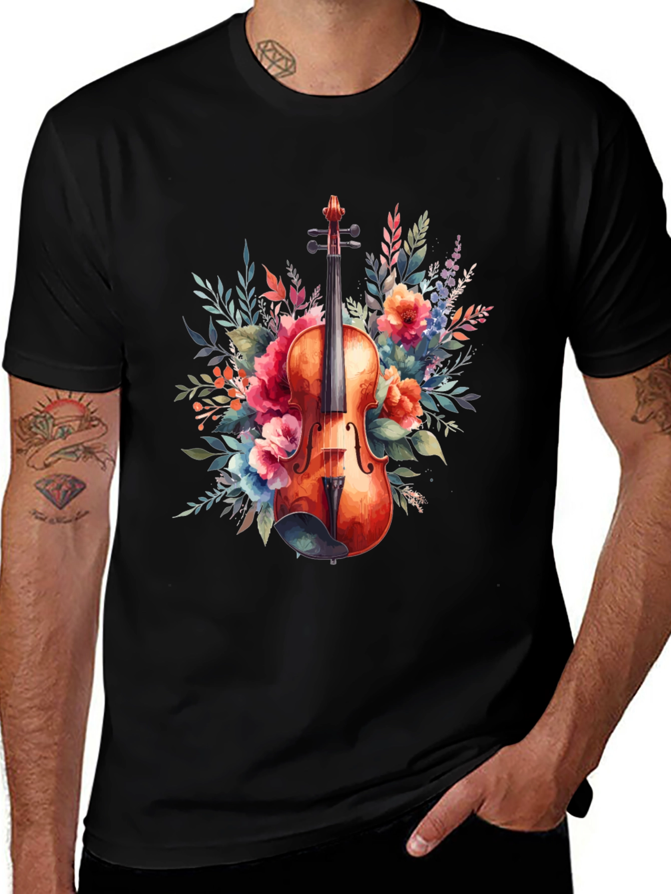 Floral Violin Graphic Tee - Music Lovers T-Shirt