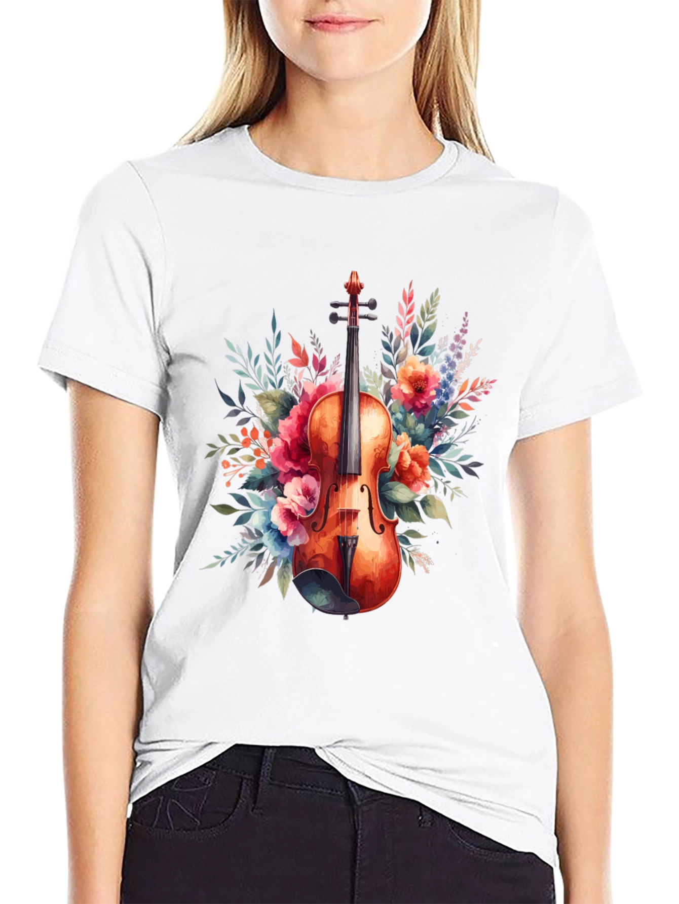 Floral Violin Graphic Tee - Music Lovers T-Shirt