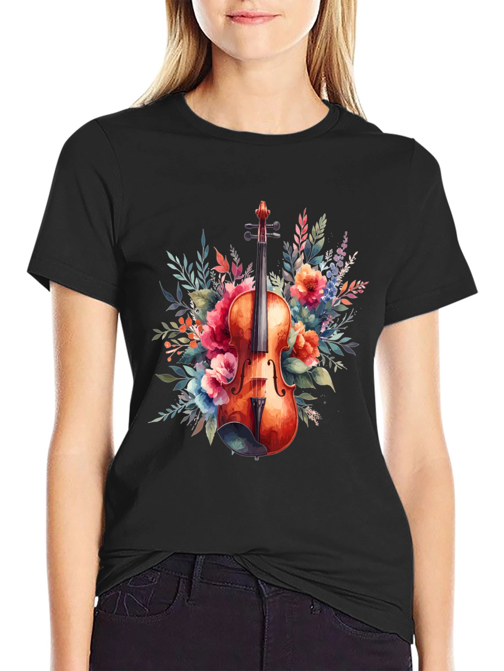 Floral Violin Graphic Tee - Music Lovers T-Shirt