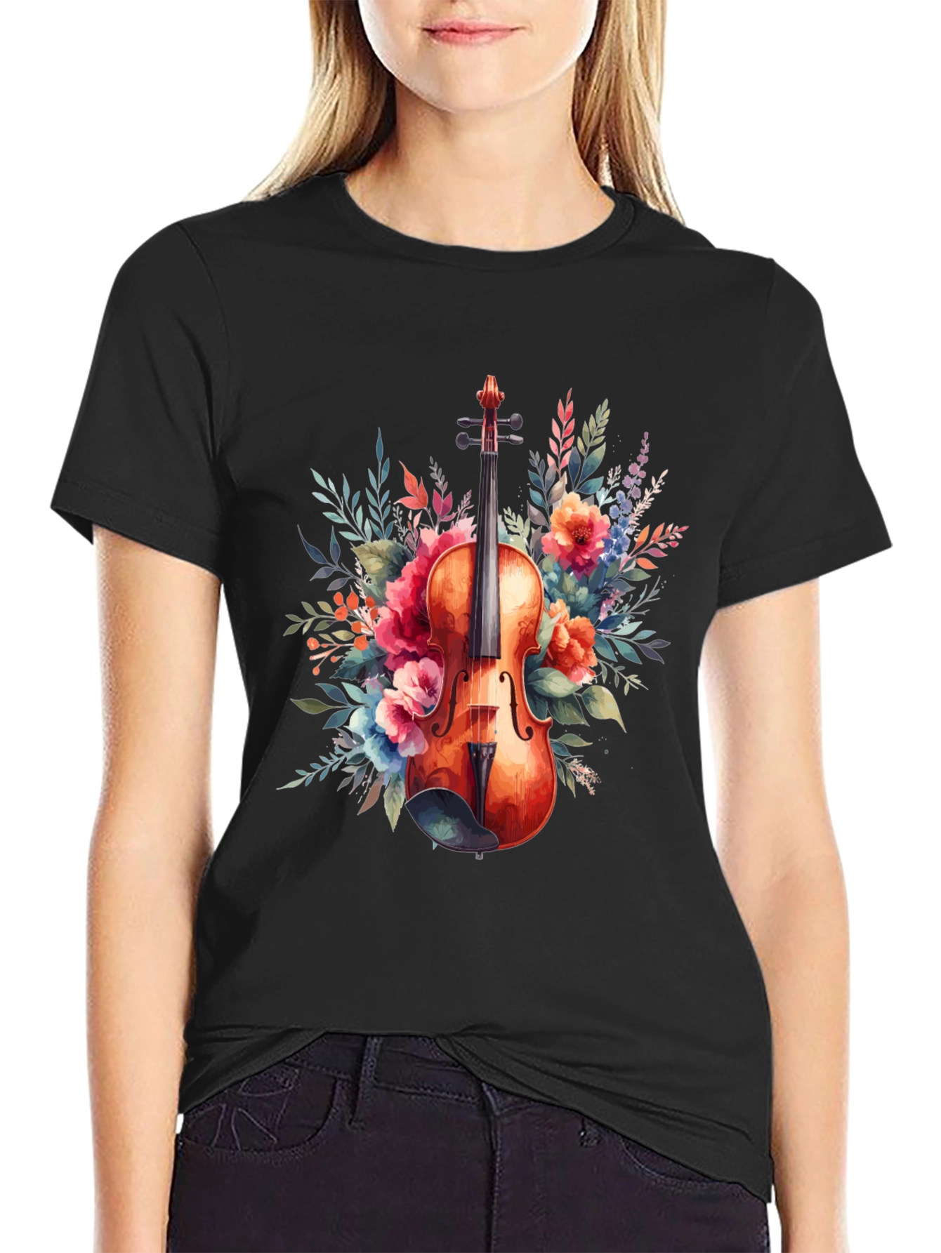 Floral Violin Graphic Tee - Music Lovers T-Shirt