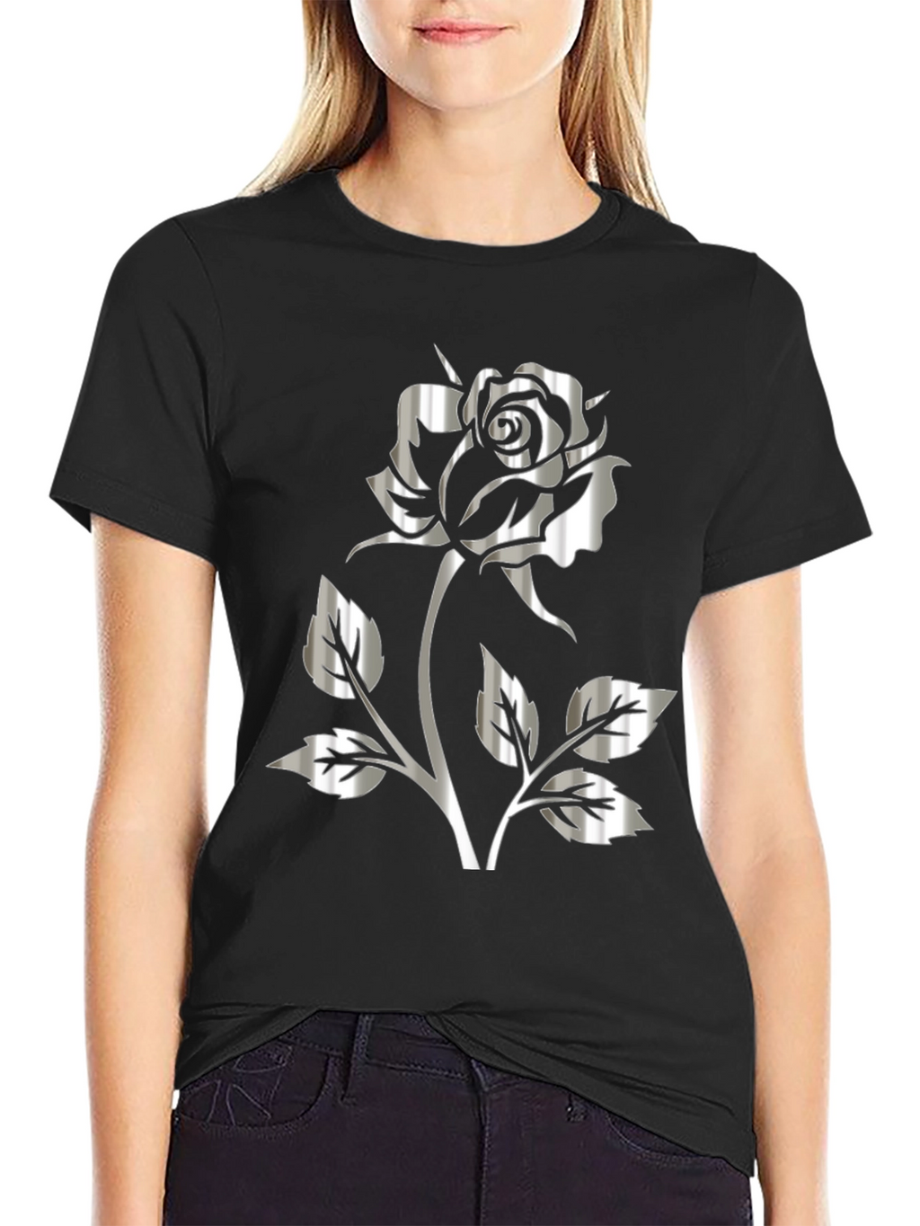Silver Rose Graphic Black T-Shirt