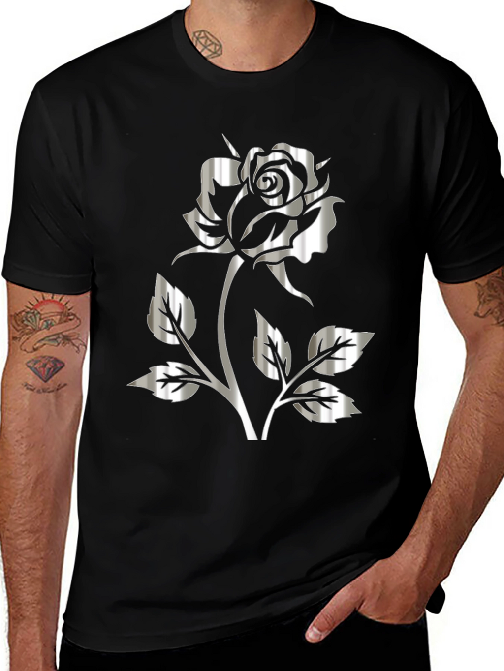 Silver Rose Graphic Black T-Shirt