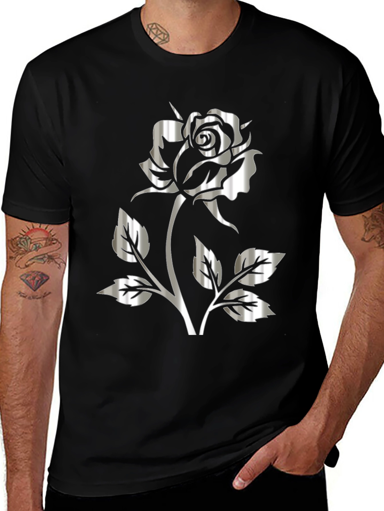 Silver Rose Graphic Black T-Shirt