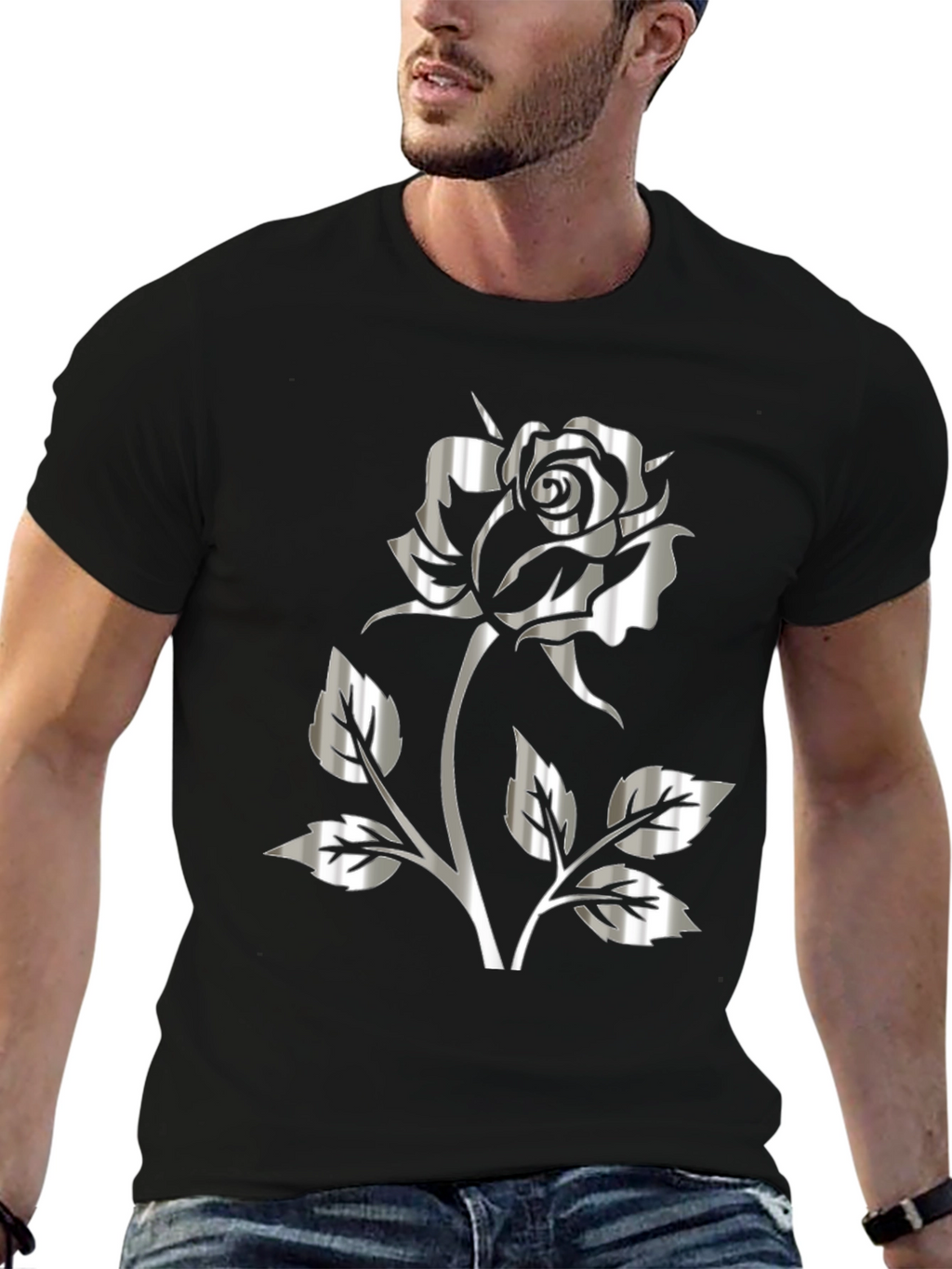 Silver Rose Graphic Black T-Shirt