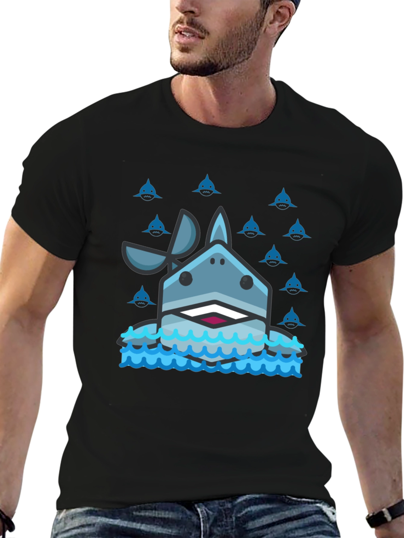 Shark Graphic Tee - Mens Black Cotton T-Shirt