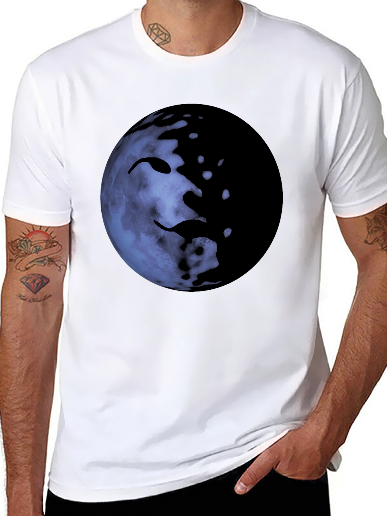 Unique Moon Face Graphic Black T-Shirt
