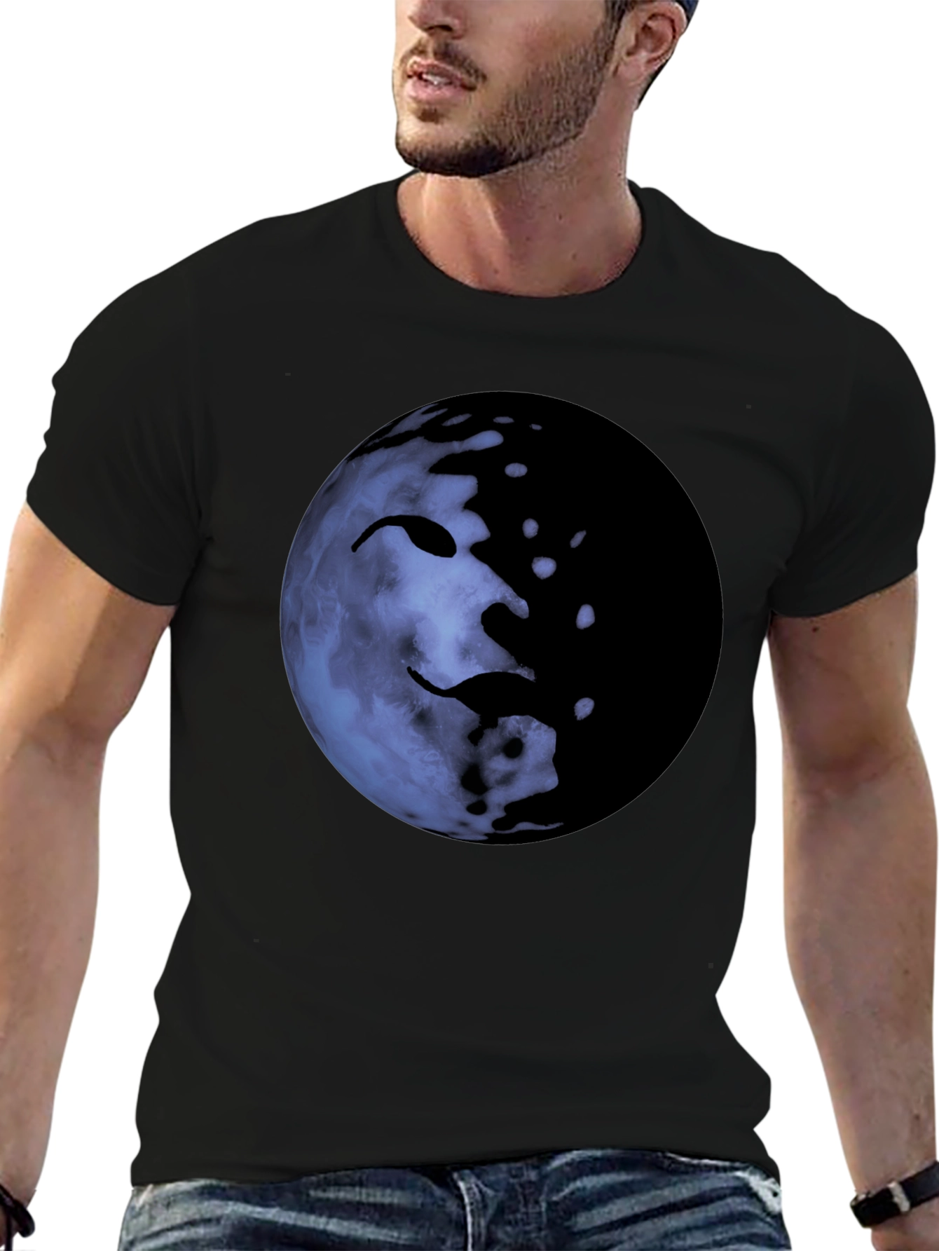 Unique Moon Face Graphic Black T-Shirt