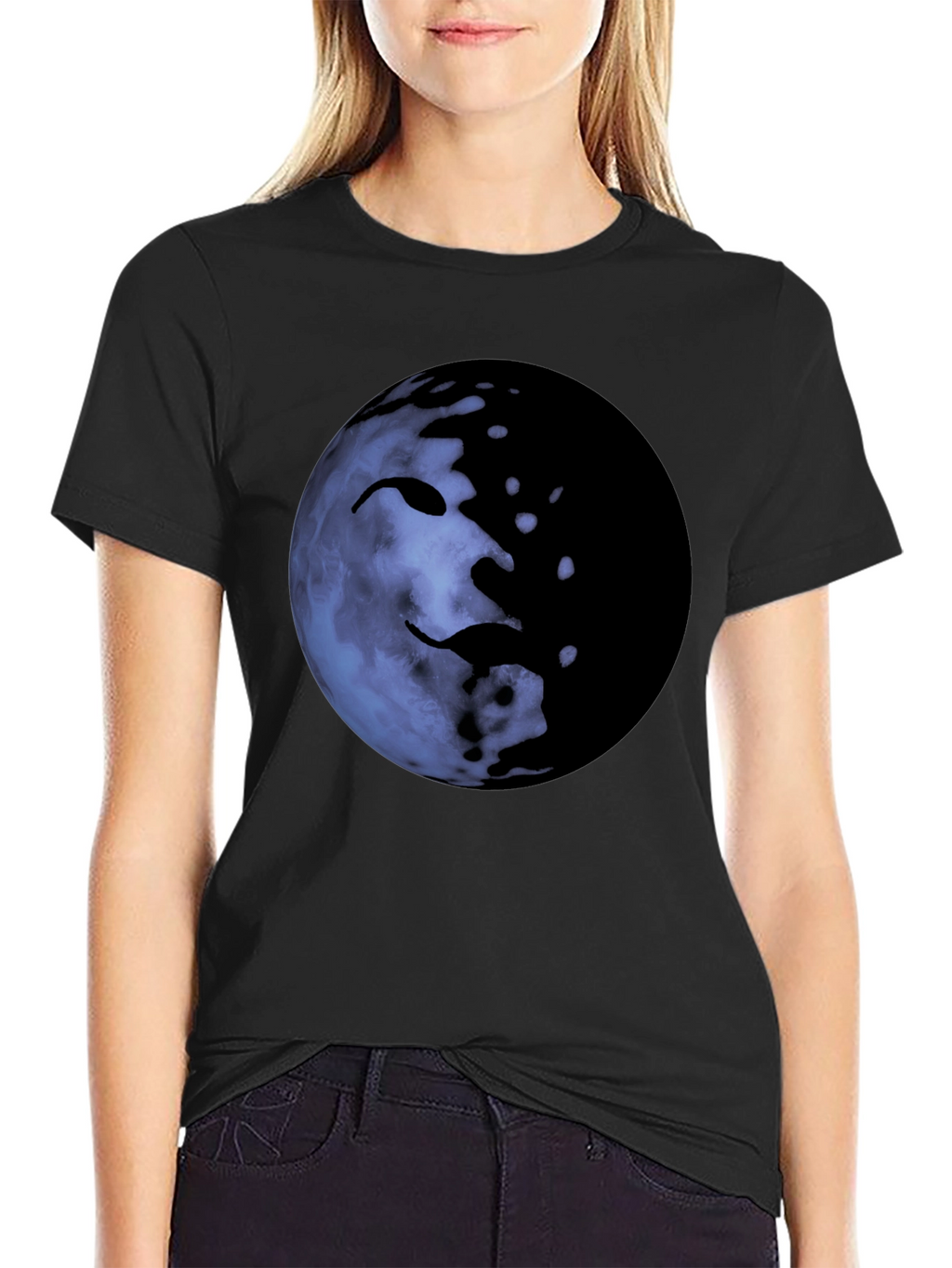 Unique Moon Face Graphic Black T-Shirt