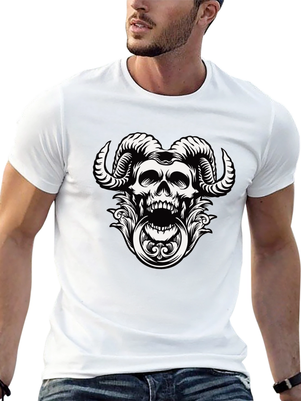 Skull Horns Graphic Print Tee