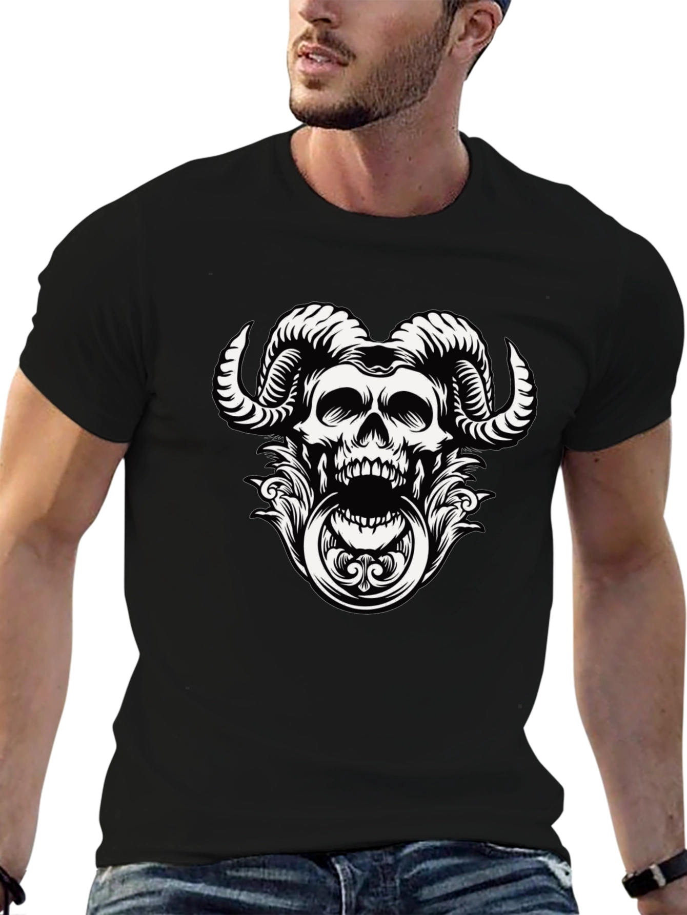 Skull Horns Graphic Print Tee