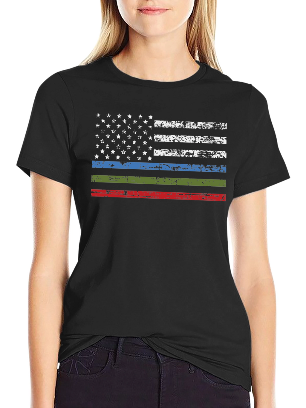 Distressed American Flag T-Shirt - Patriotic Thin Line