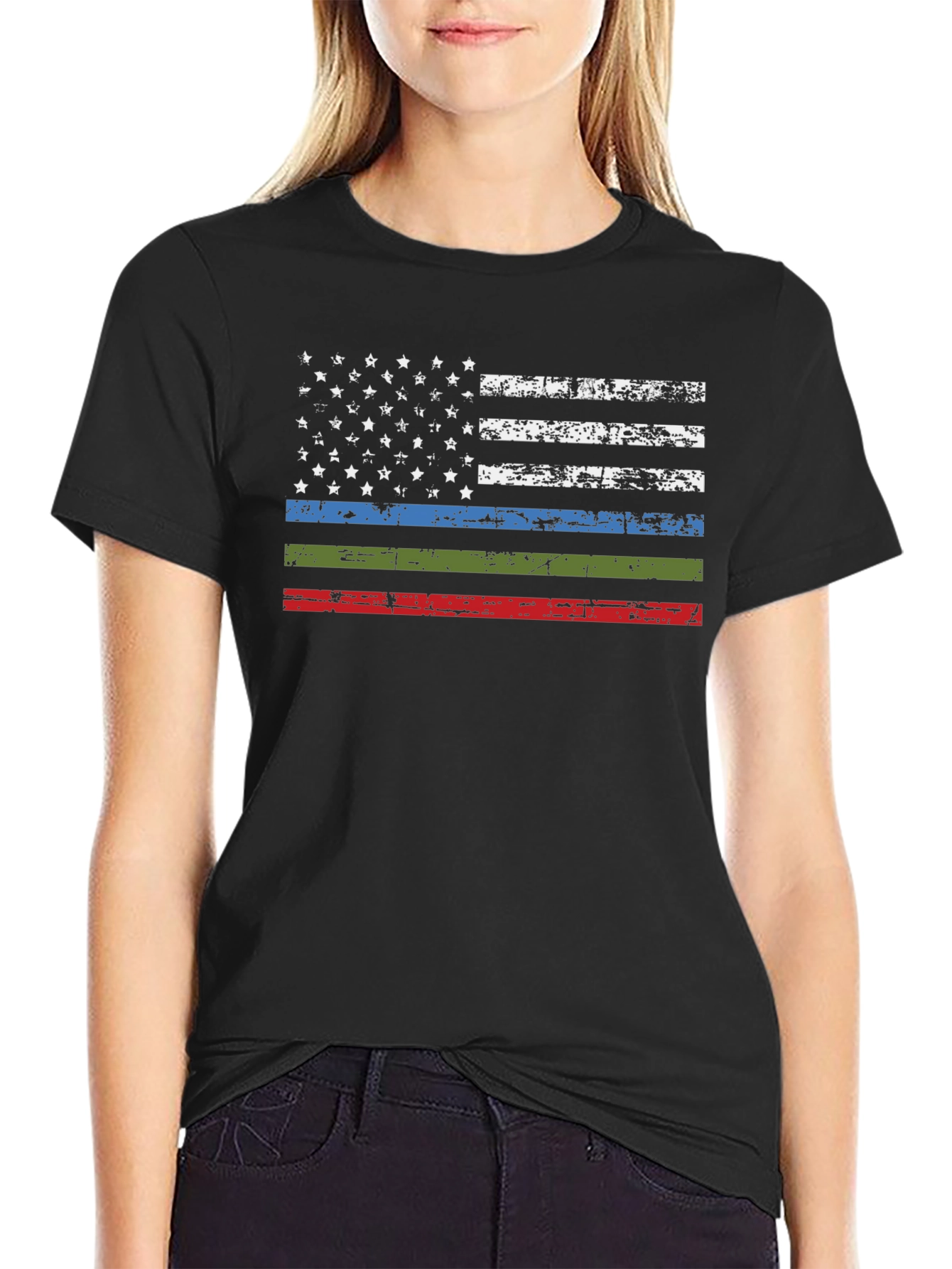 Distressed American Flag T-Shirt - Patriotic Thin Line