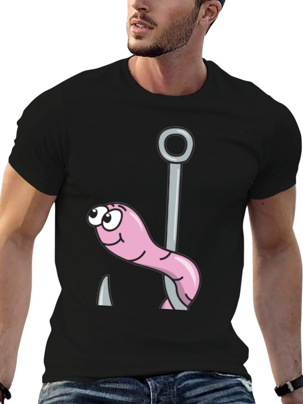 Funny Worm on Hook Black T-Shirt