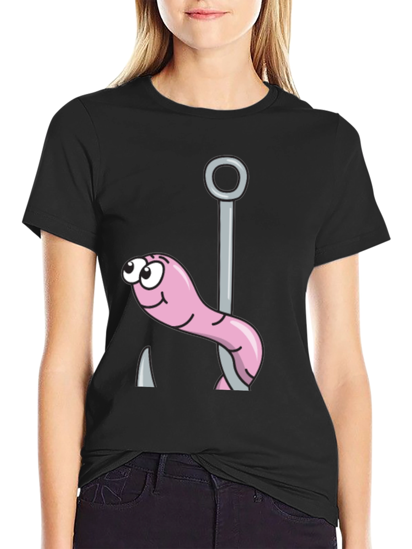 Funny Worm on Hook Black T-Shirt