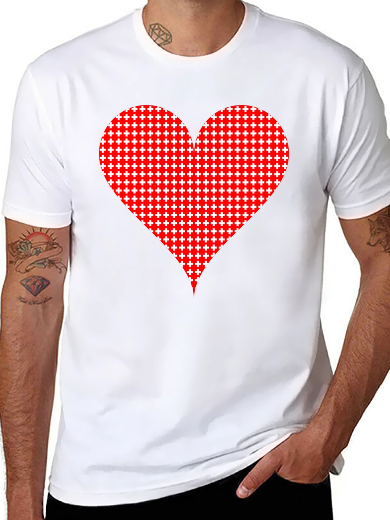 Heart Plus Sign Pattern Black T-Shirt