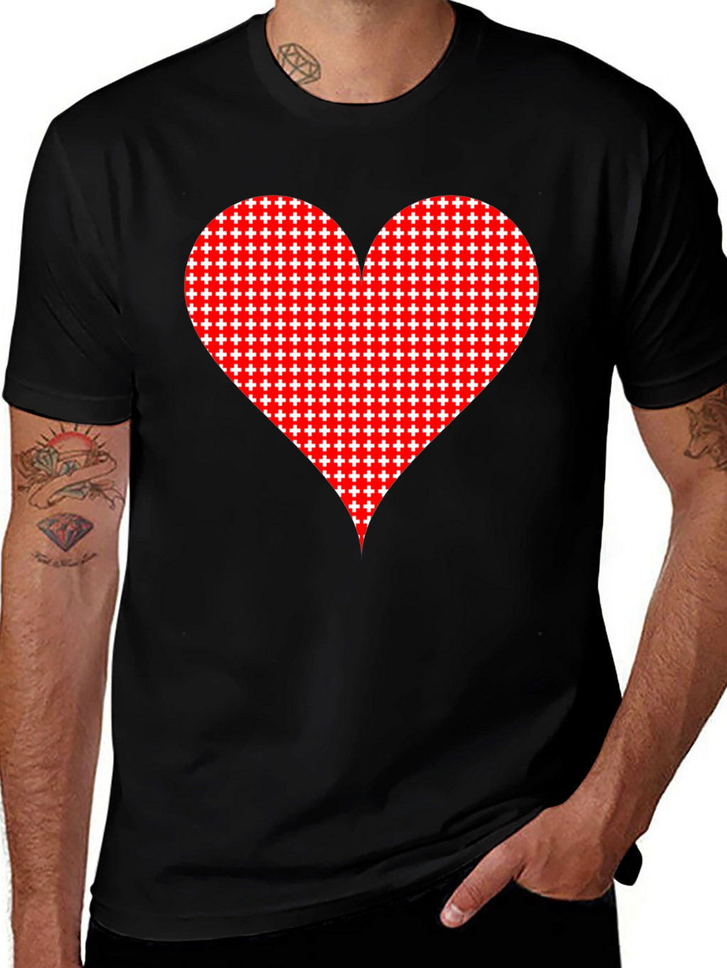 Heart Plus Sign Pattern Black T-Shirt