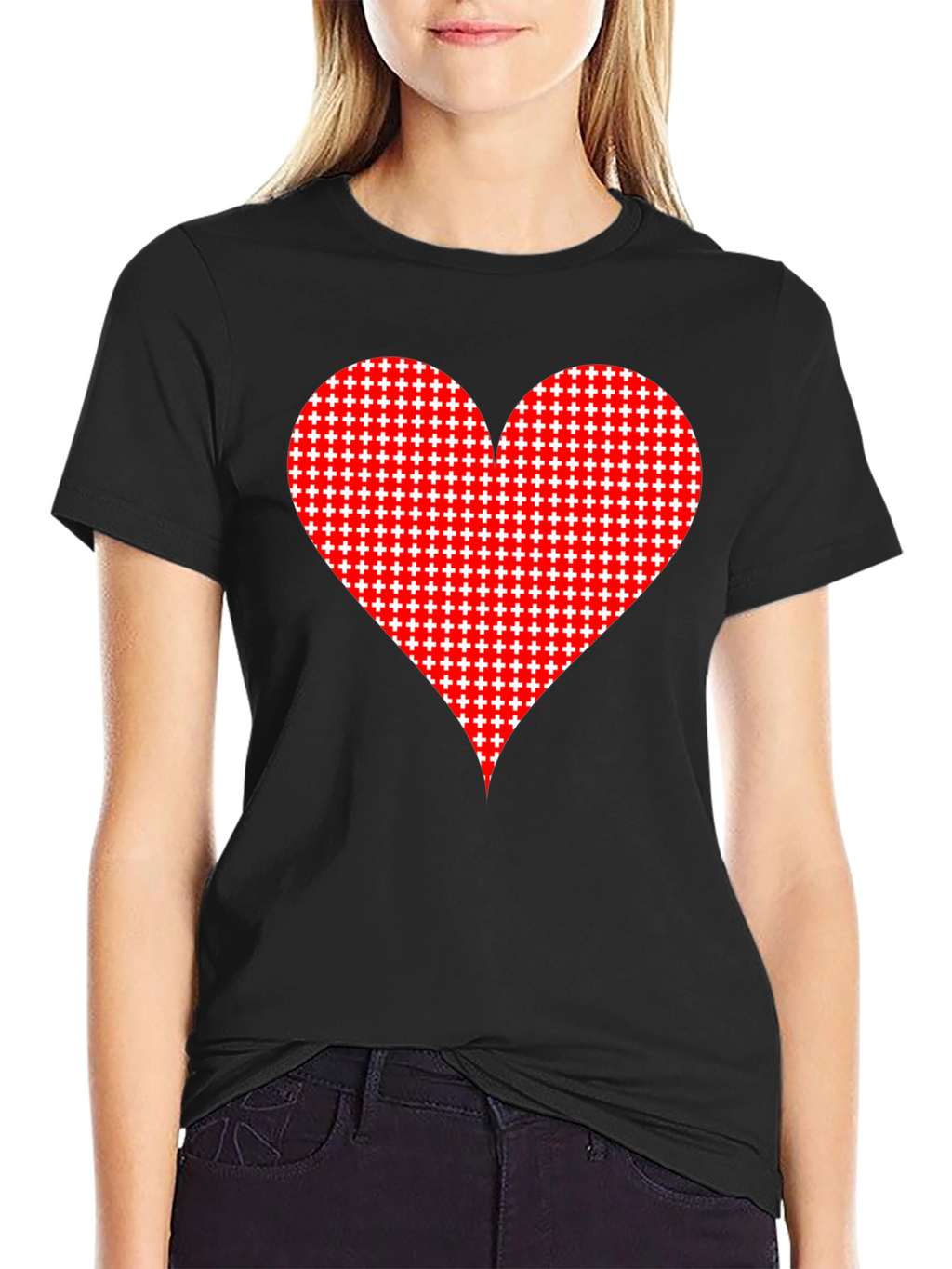 Heart Plus Sign Pattern Black T-Shirt