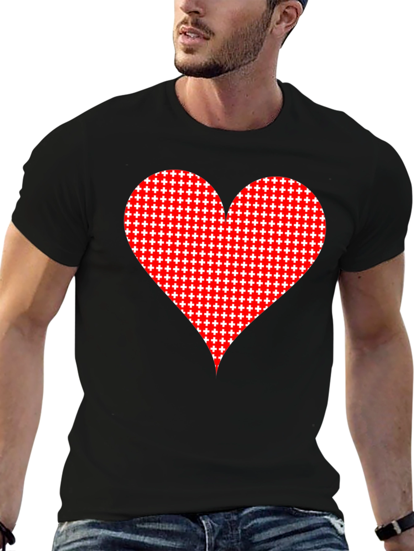 Heart Plus Sign Pattern Black T-Shirt