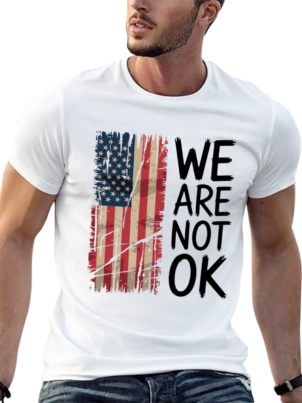 Distressed American Flag T-Shirt - We Are Not OK
