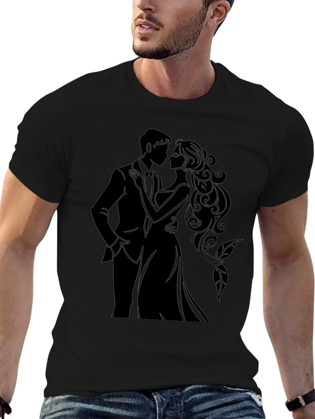 Elegant Couple Silhouette Black T-Shirt