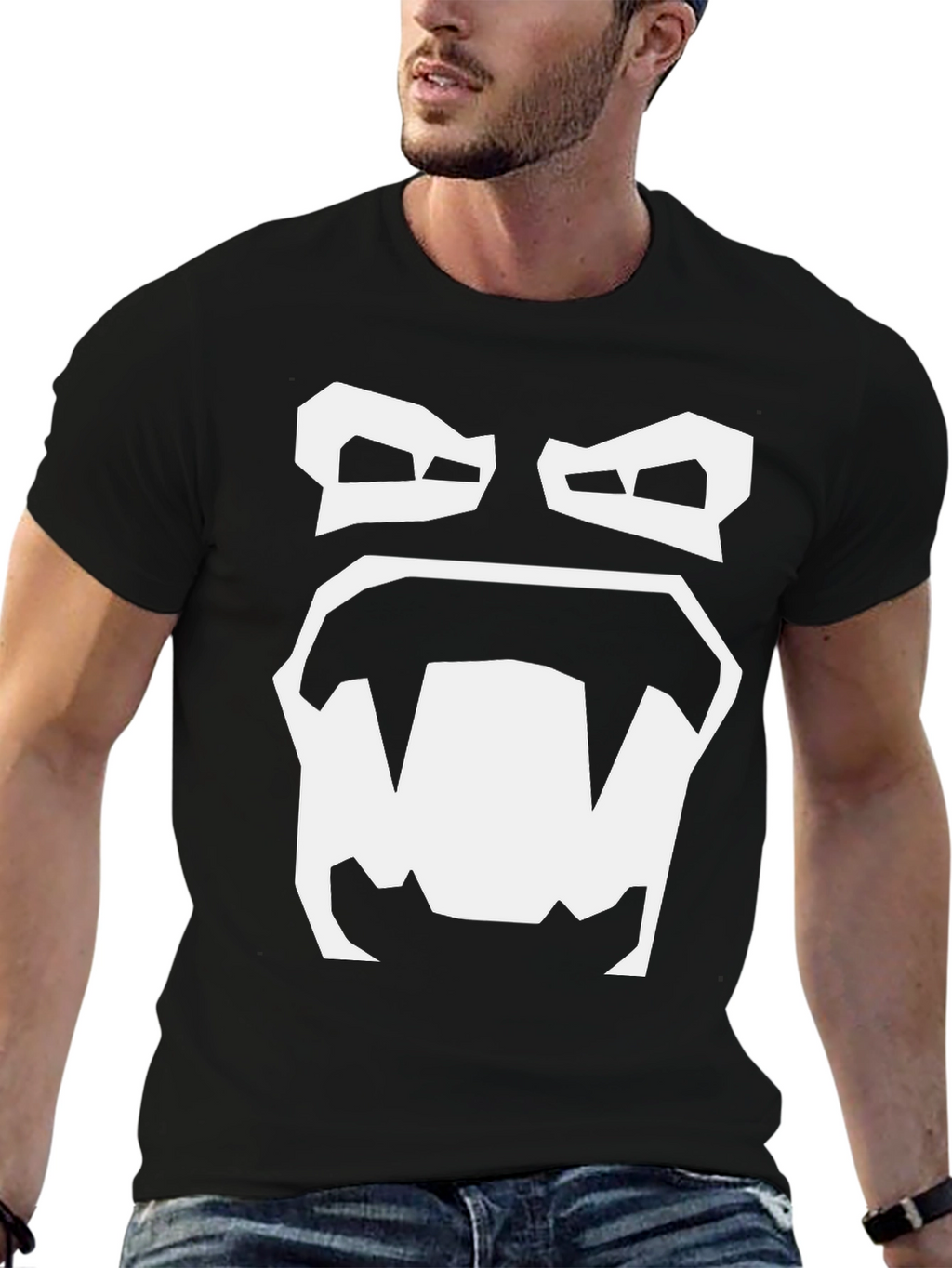Cartoon Monster Face Graphic Tee - Black Cotton T-Shirt