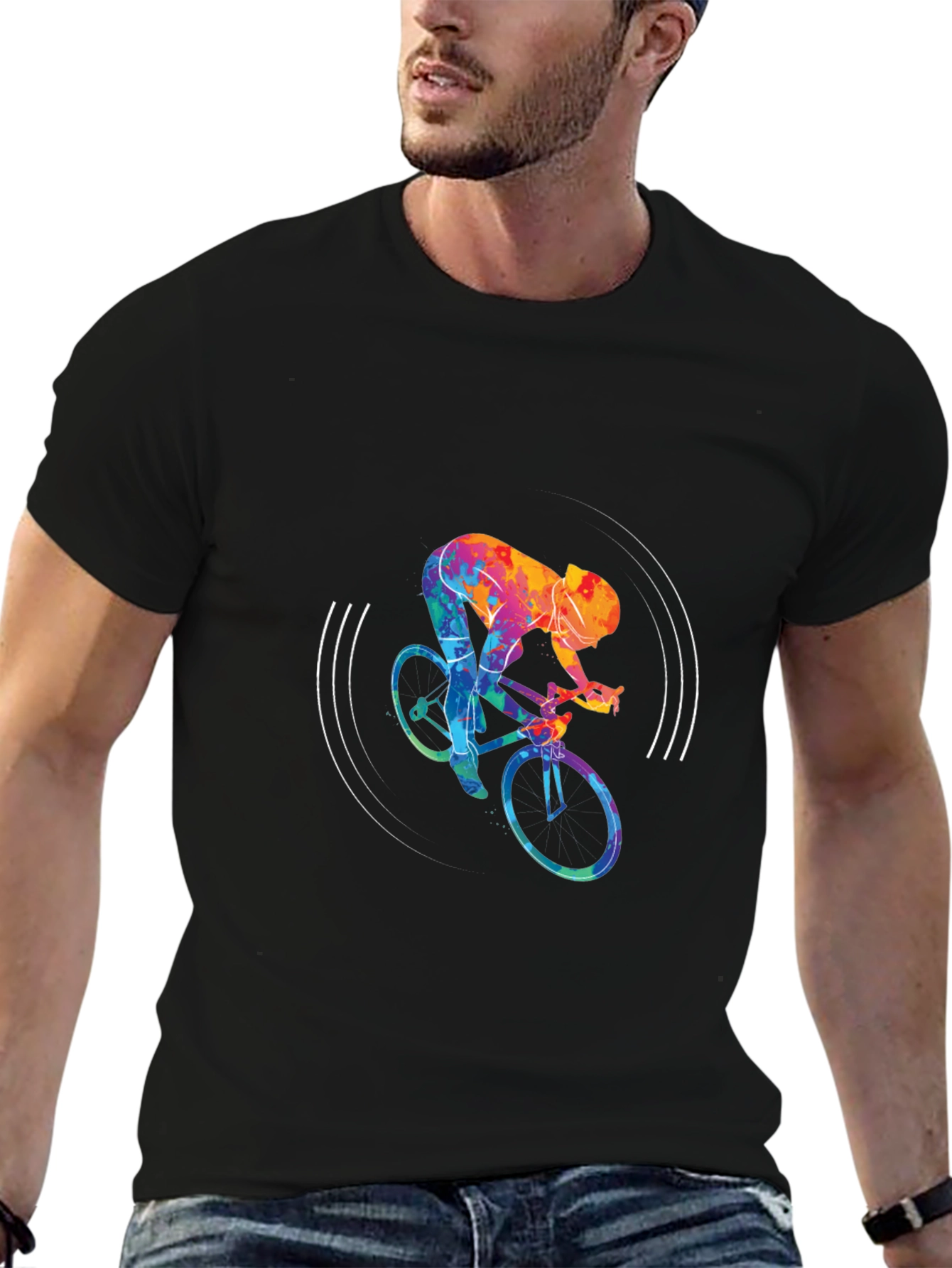 Colorful Cycling Graphic Black Tee Shirt