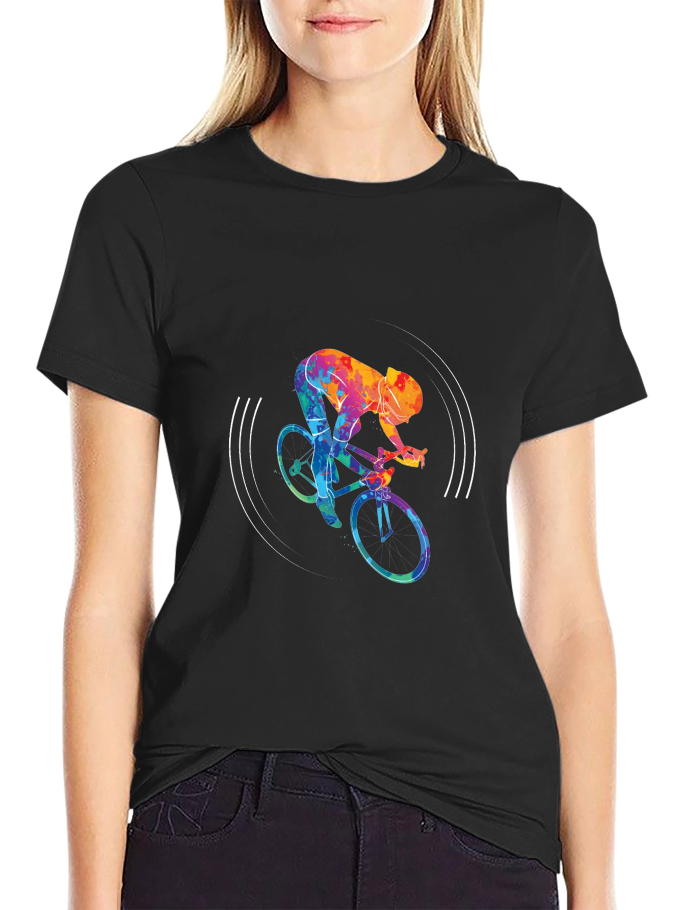 Colorful Cycling Graphic Black Tee Shirt