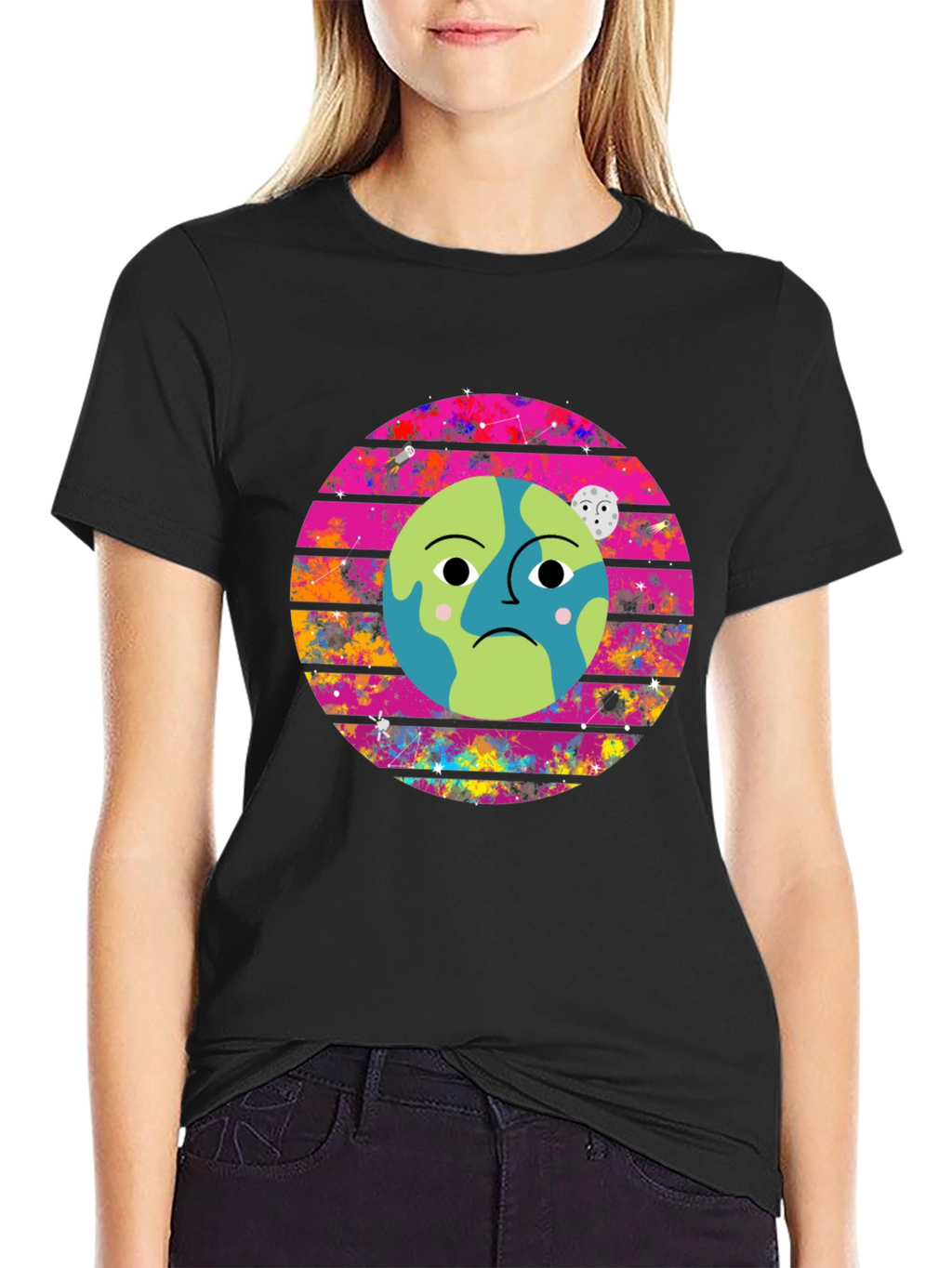 Sad Earth Graphic Tee - Black Crew Neck