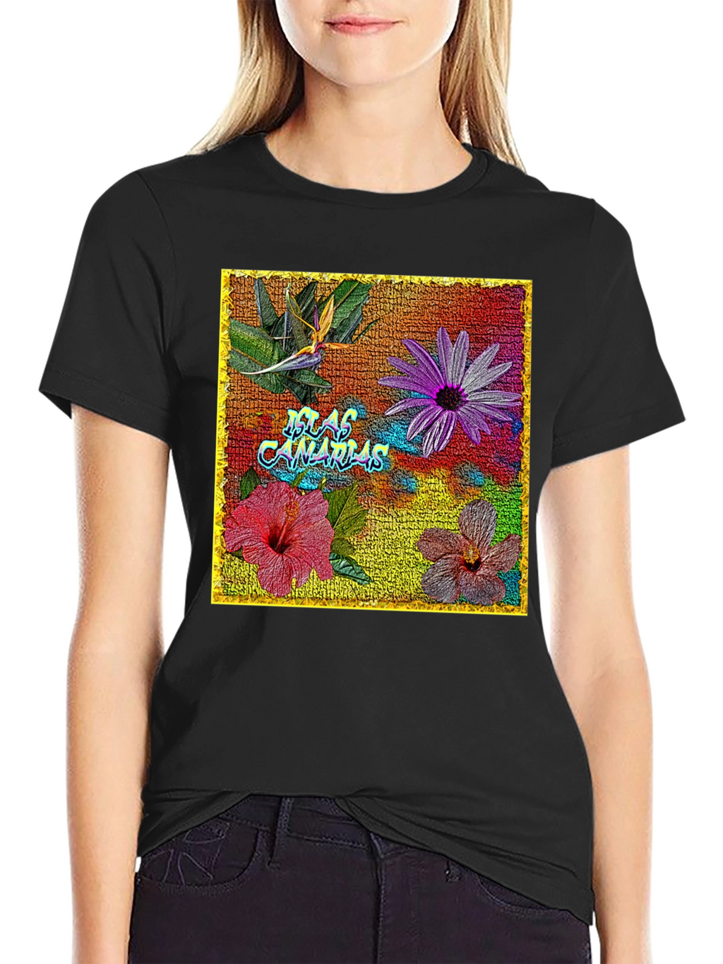 Floral Islas Canarias Black T-Shirt