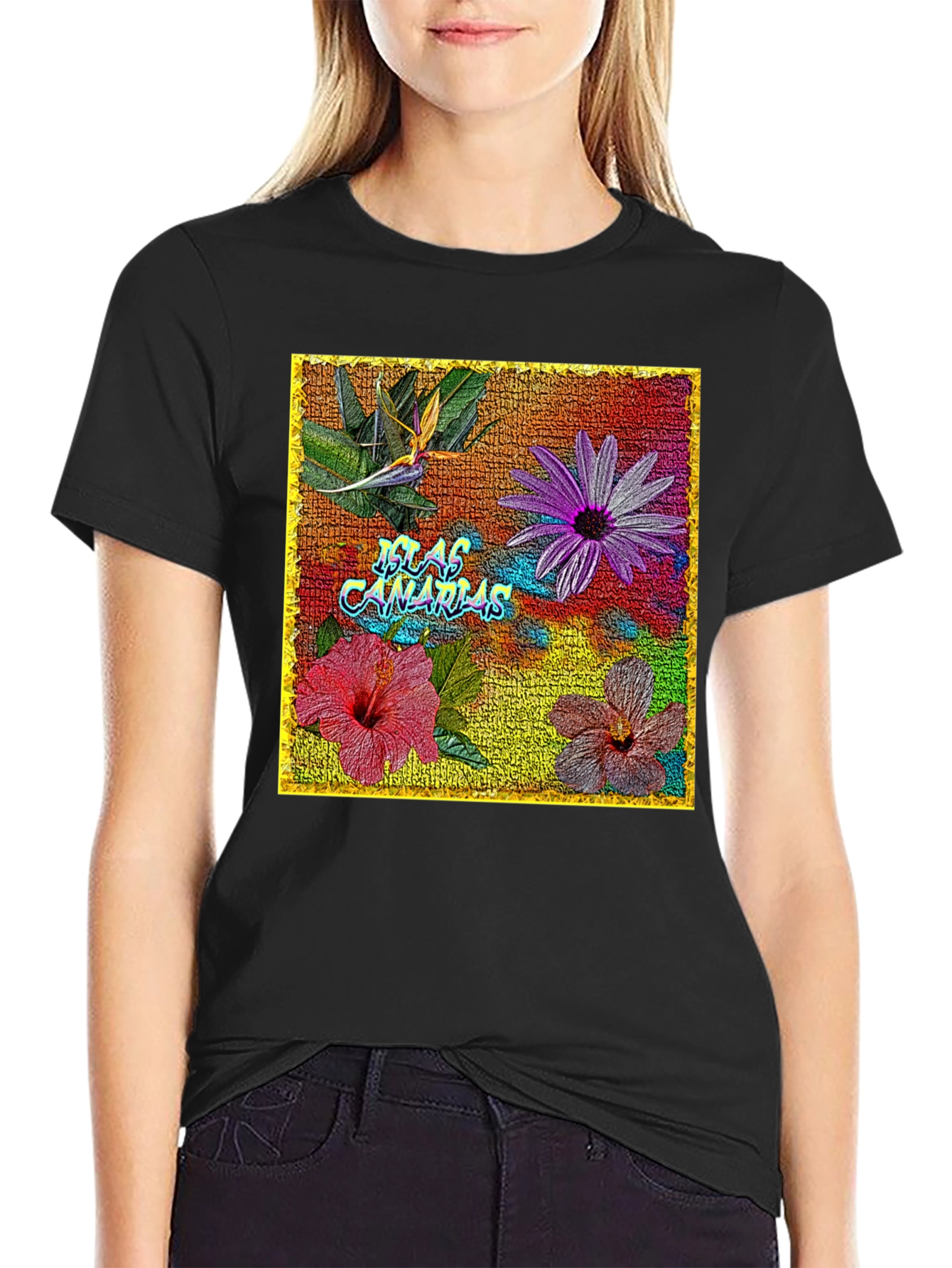 Floral Islas Canarias Black T-Shirt