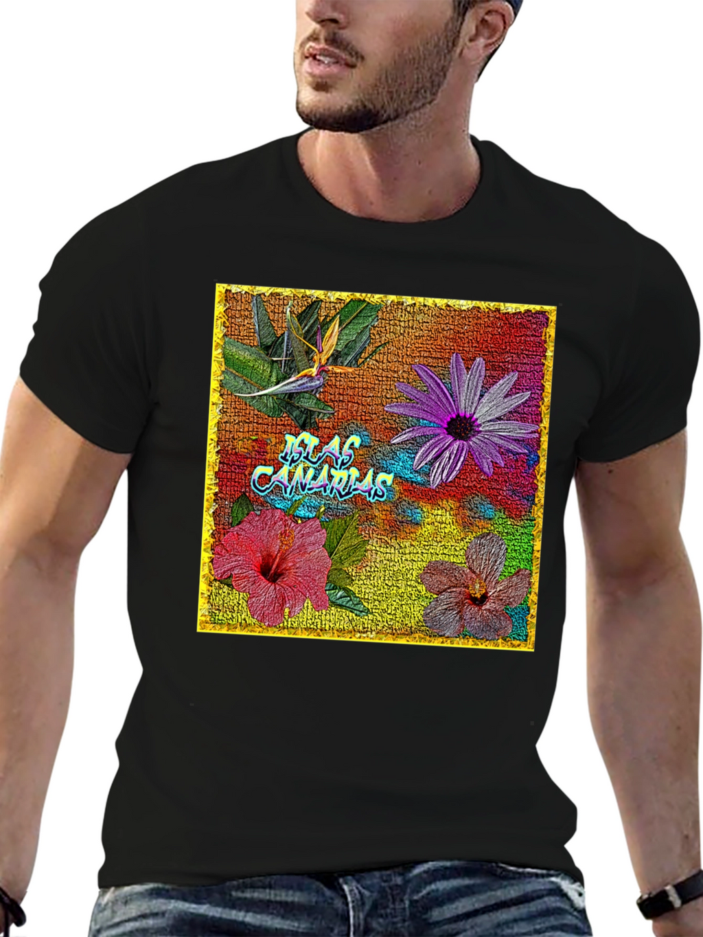 Floral Islas Canarias Black T-Shirt