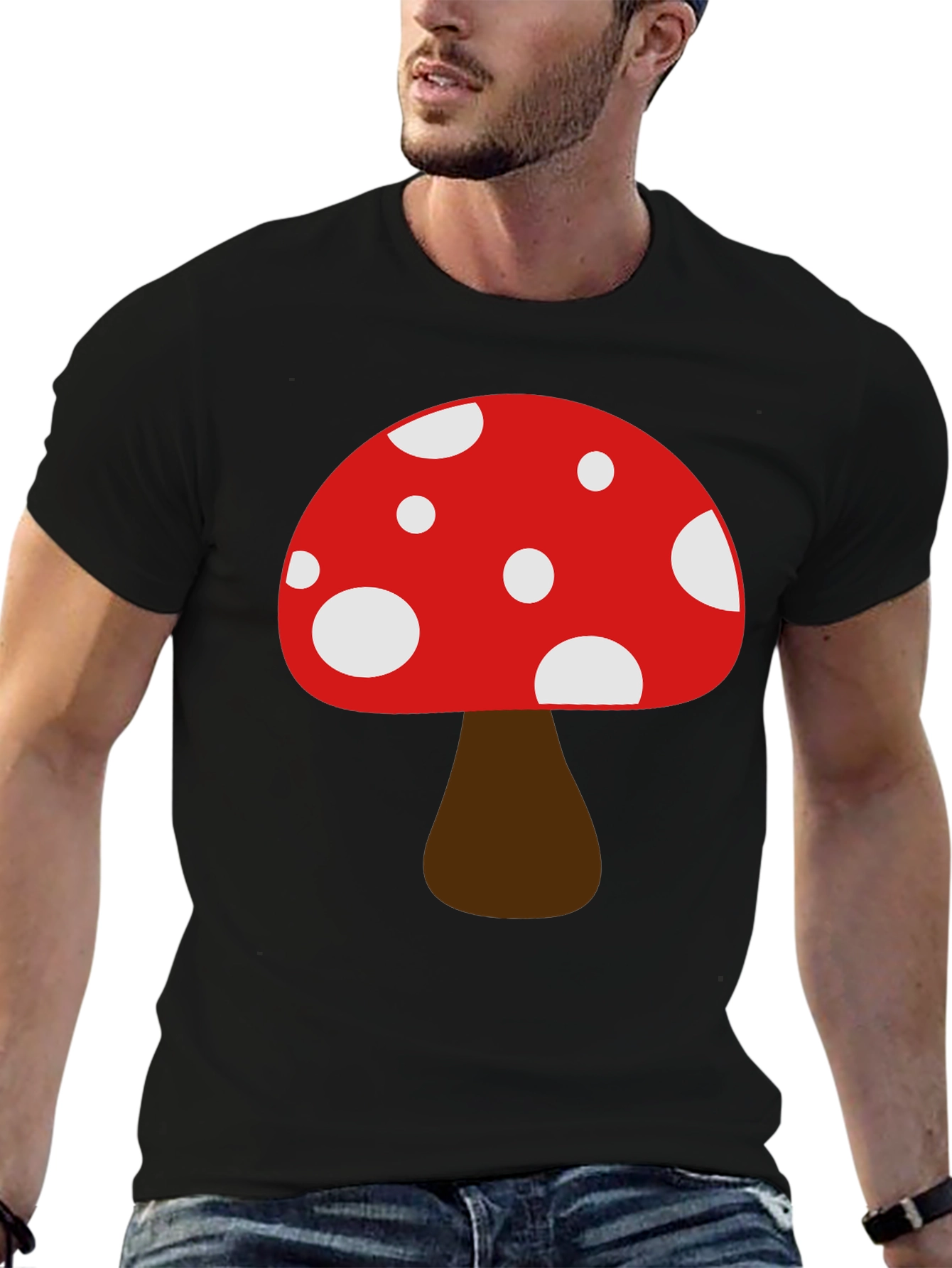 Funky Mushroom Graphic Tee - Black Cotton Casual Shirt