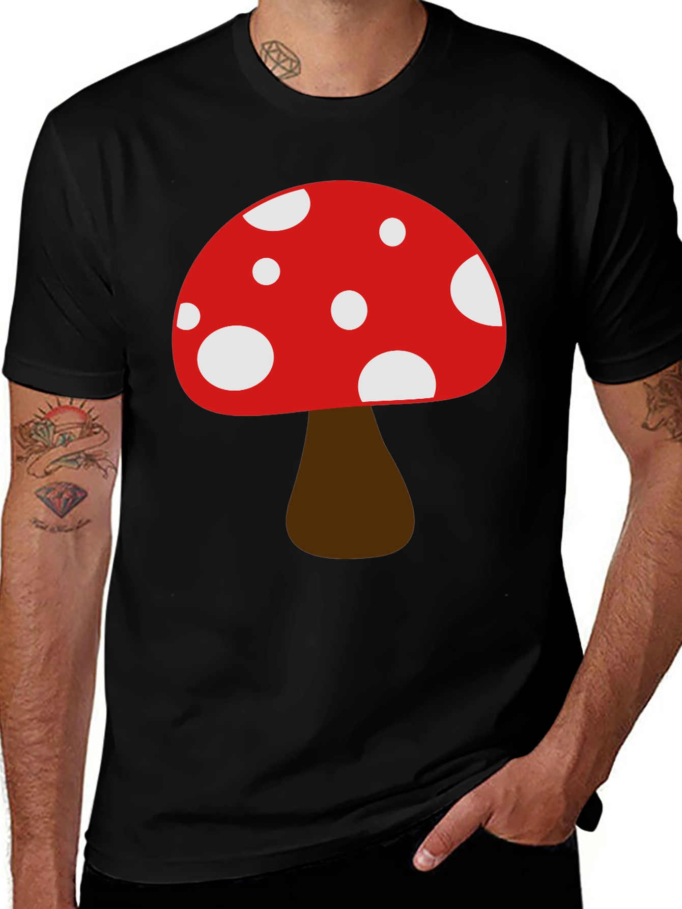 Funky Mushroom Graphic Tee - Black Cotton Casual Shirt