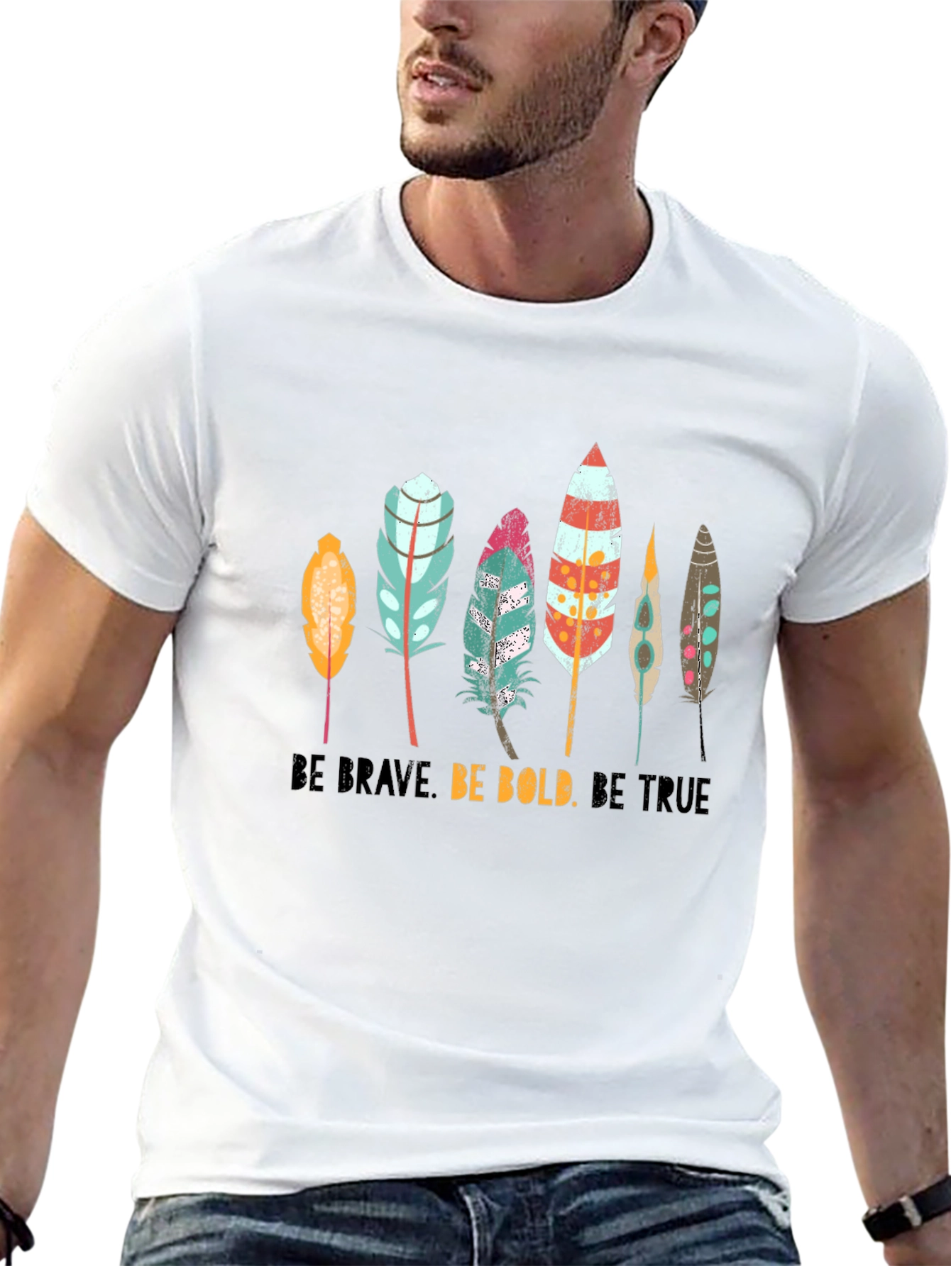 Boho Feather Graphic T-Shirt - Be Brave Bold True