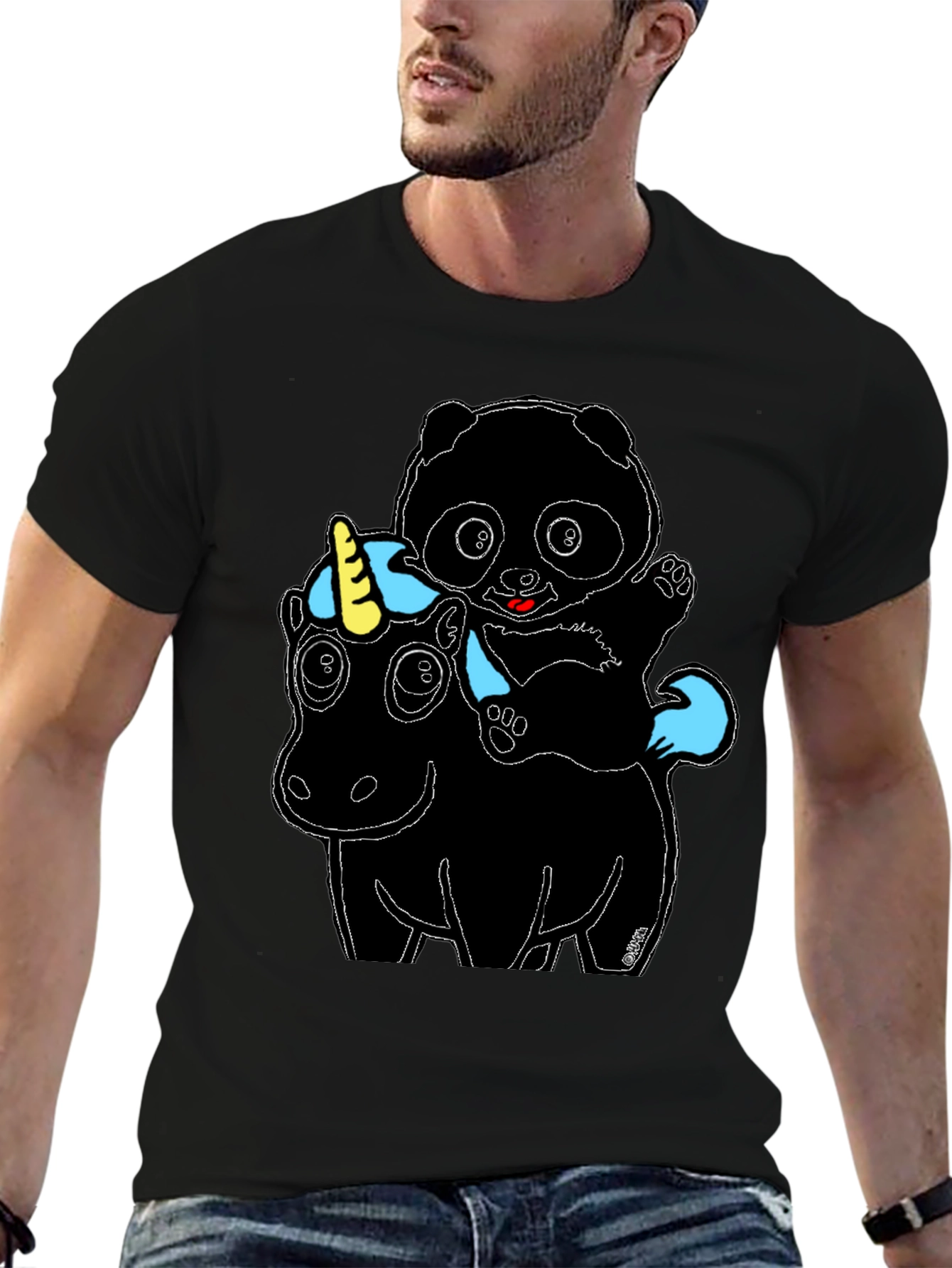 Panda Riding Unicorn Graphic Tee - Mens Black T-Shirt