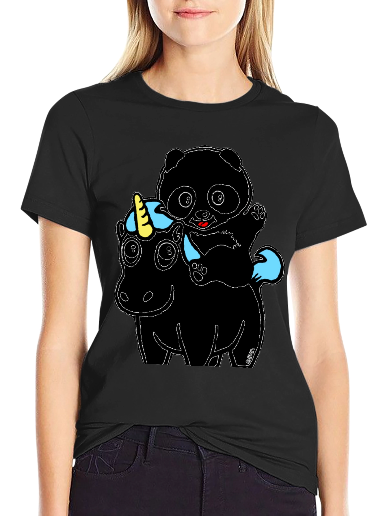 Panda Riding Unicorn Graphic Tee - Mens Black T-Shirt