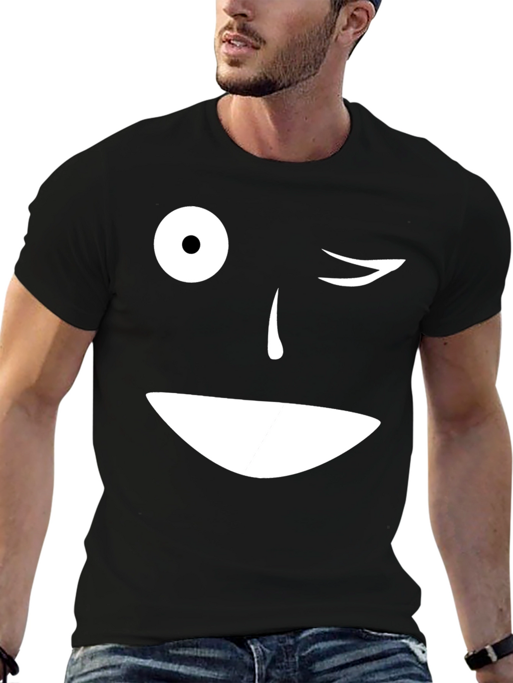 Winking Face Graphic T-Shirt - Black Cotton Blend