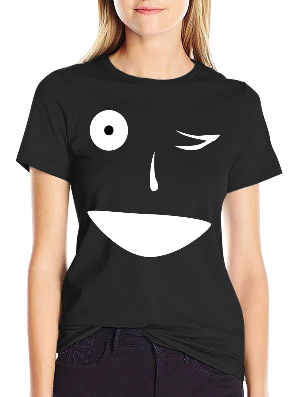 Winking Face Graphic T-Shirt - Black Cotton Blend