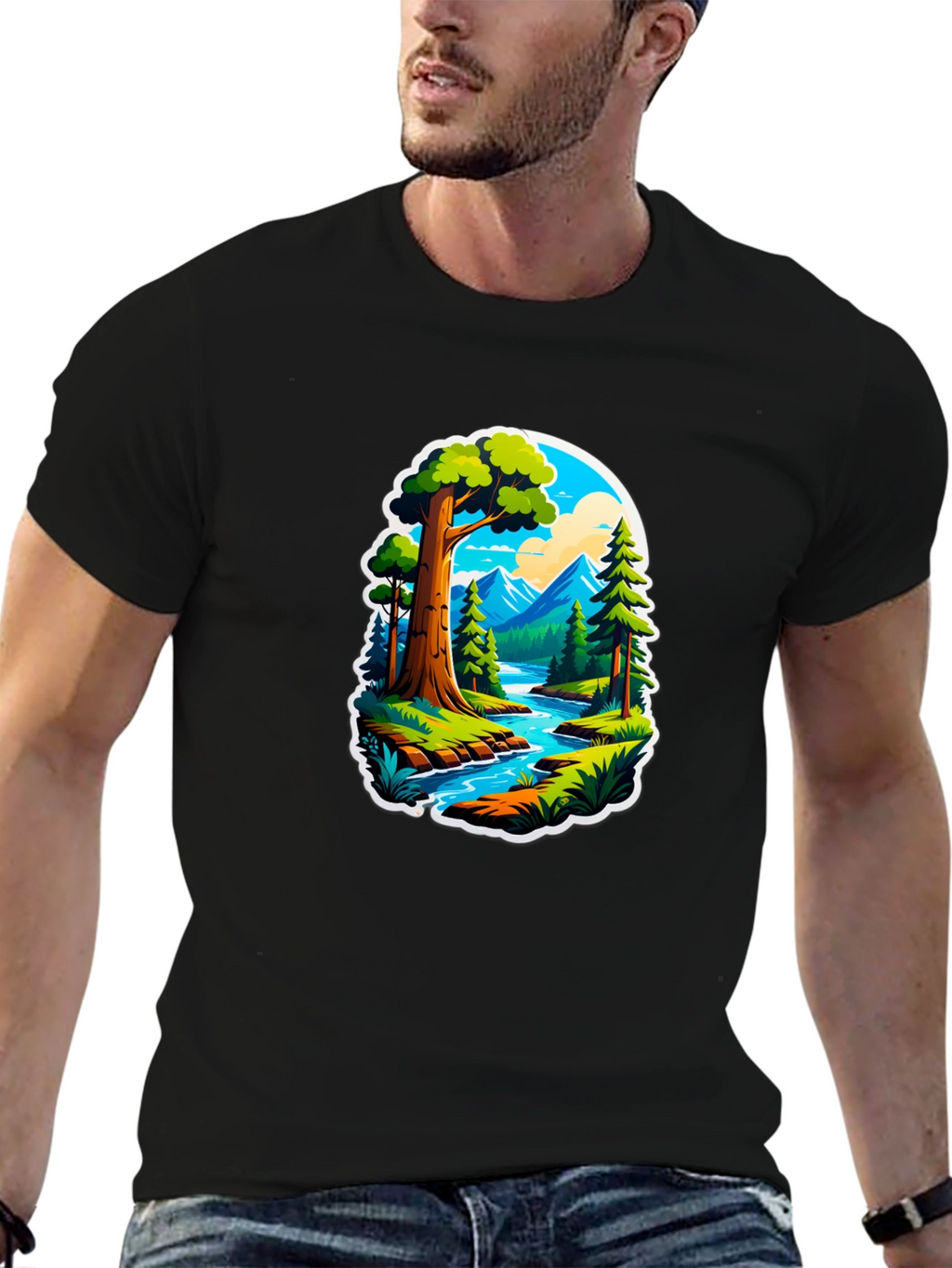 Nature River Scene Black Graphic Tee