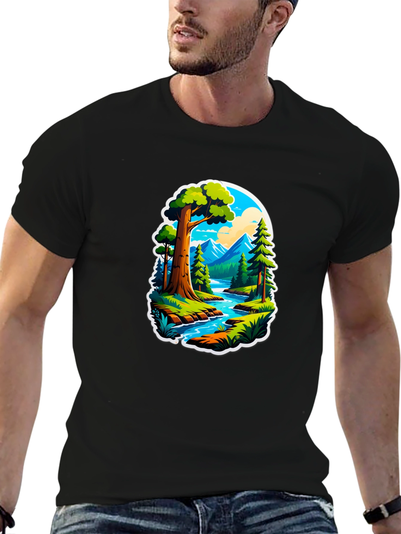 Nature River Scene Black Graphic Tee
