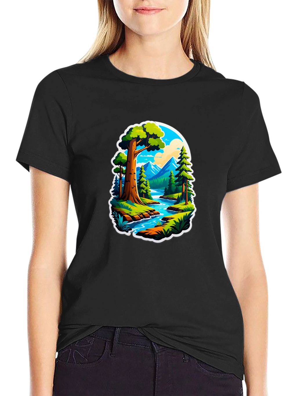 Nature River Scene Black Graphic Tee