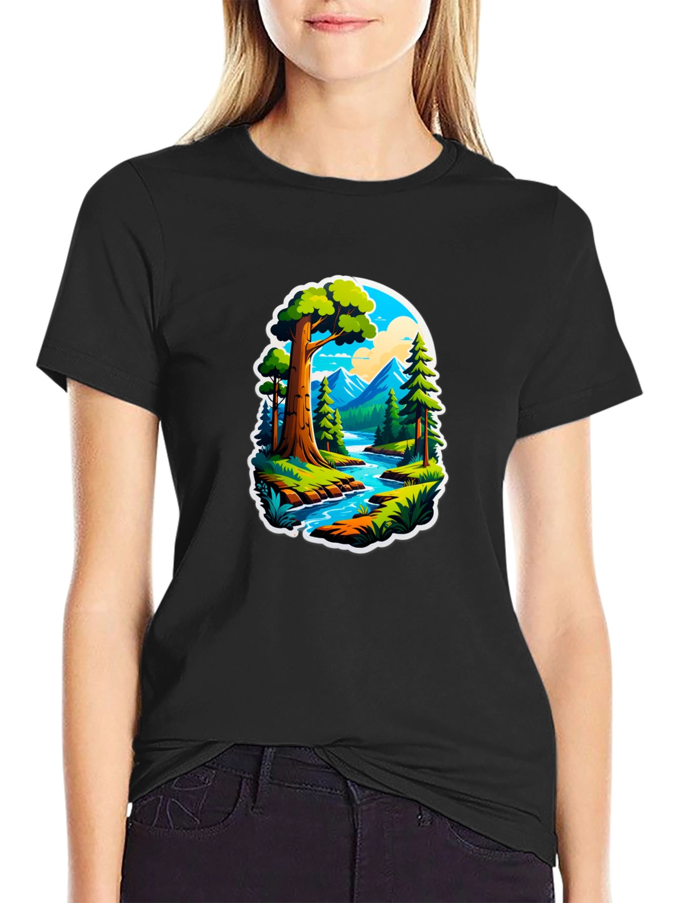 Nature River Scene Black Graphic Tee