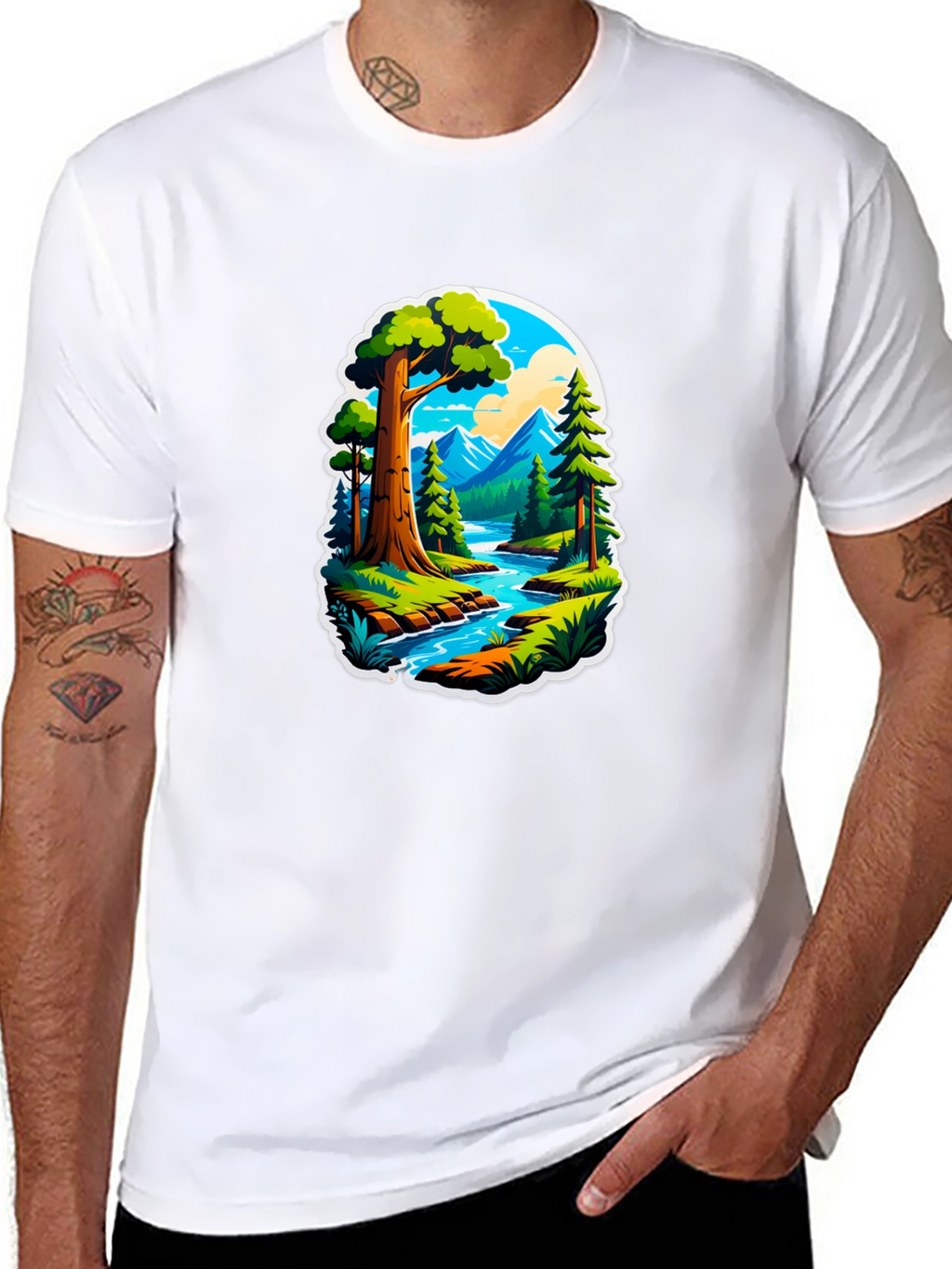 Nature River Scene Black Graphic Tee