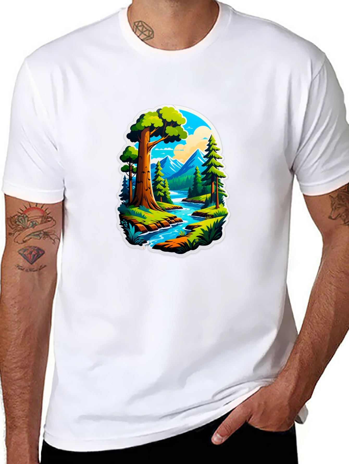 Nature River Scene Black Graphic Tee
