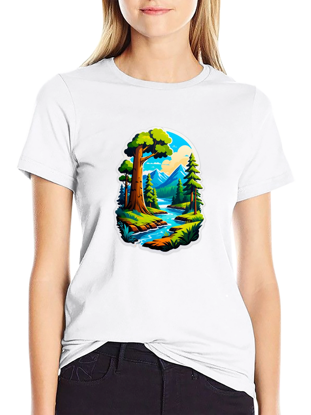 Nature River Scene Black Graphic Tee