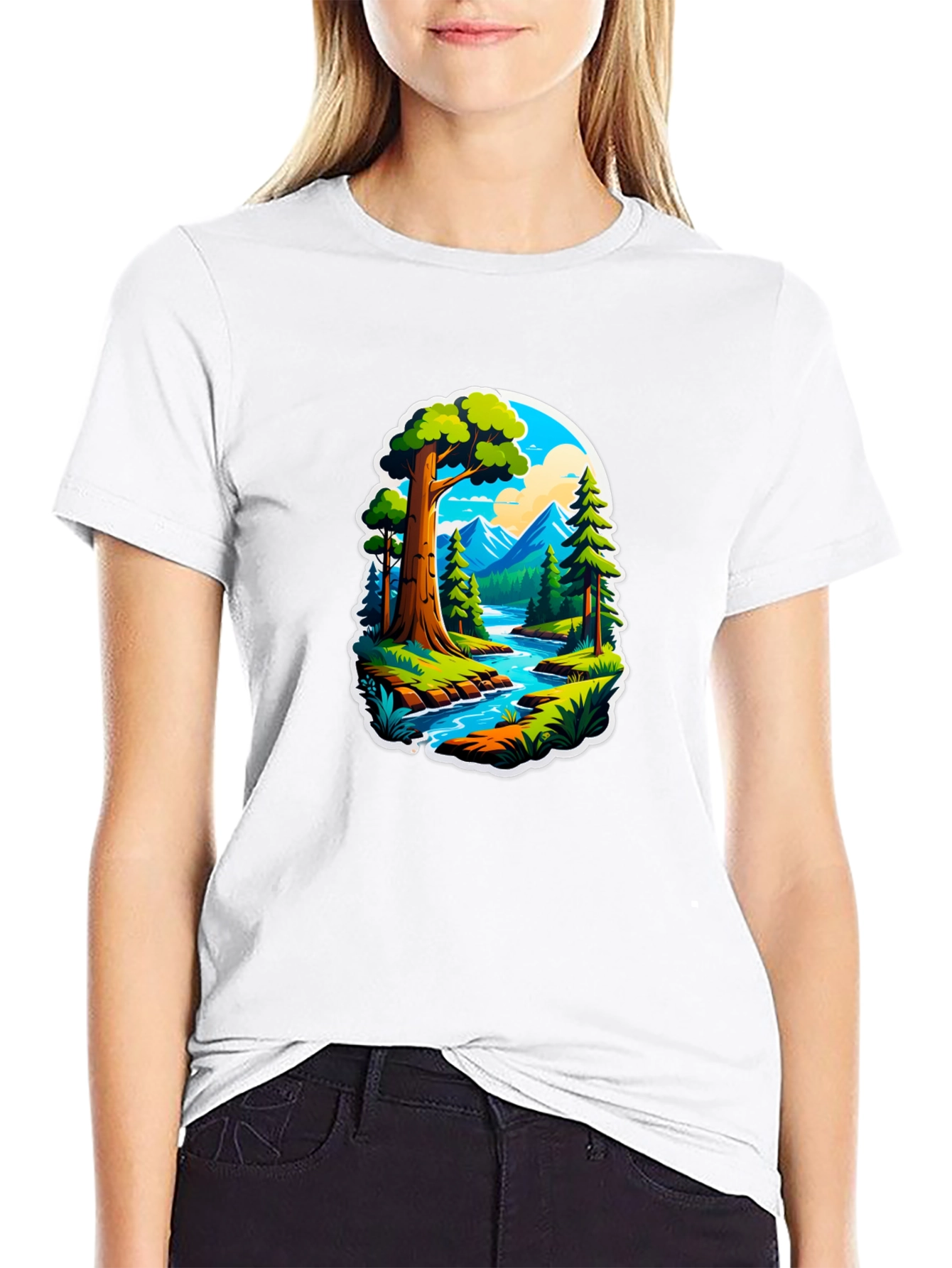 Nature River Scene Black Graphic Tee