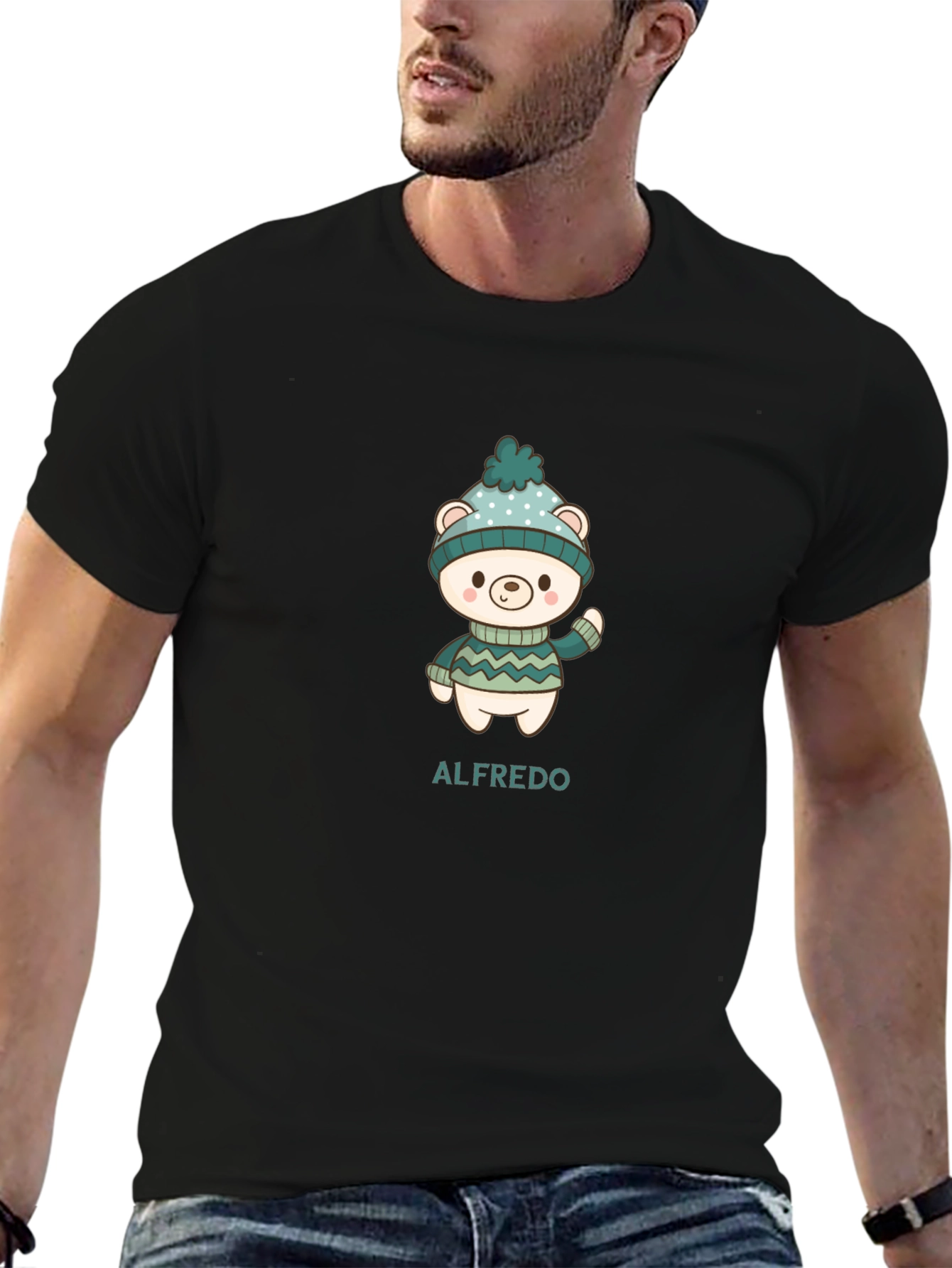 Cute Bear Personalized Mens Black T-Shirt